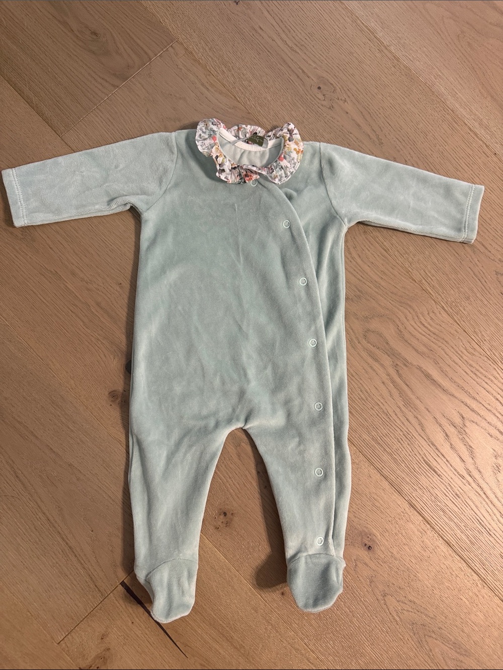 A. Anichini Firenze Green Velour Button Down Outfit-Floral Ruffled Neck-6 months